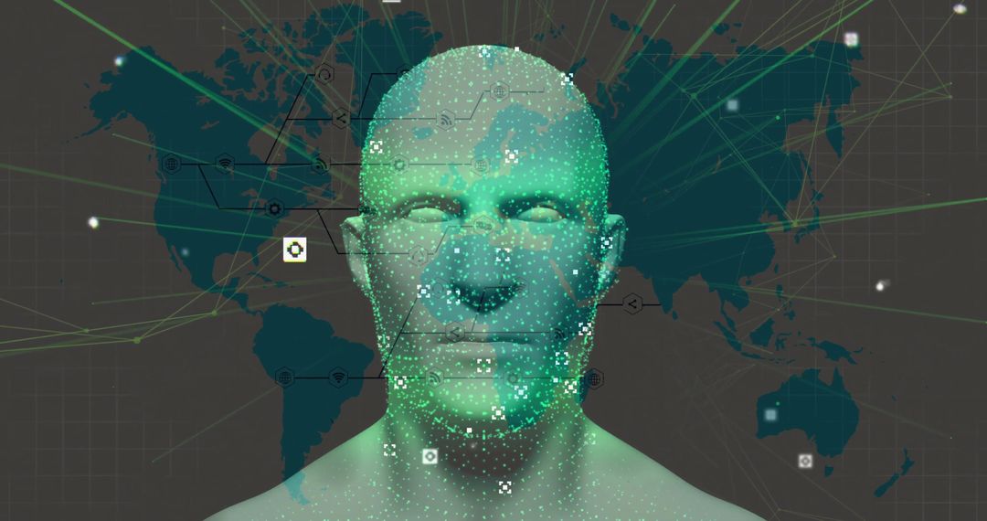 Futuristic 3D Bust with Digital Data and Global Connectivity