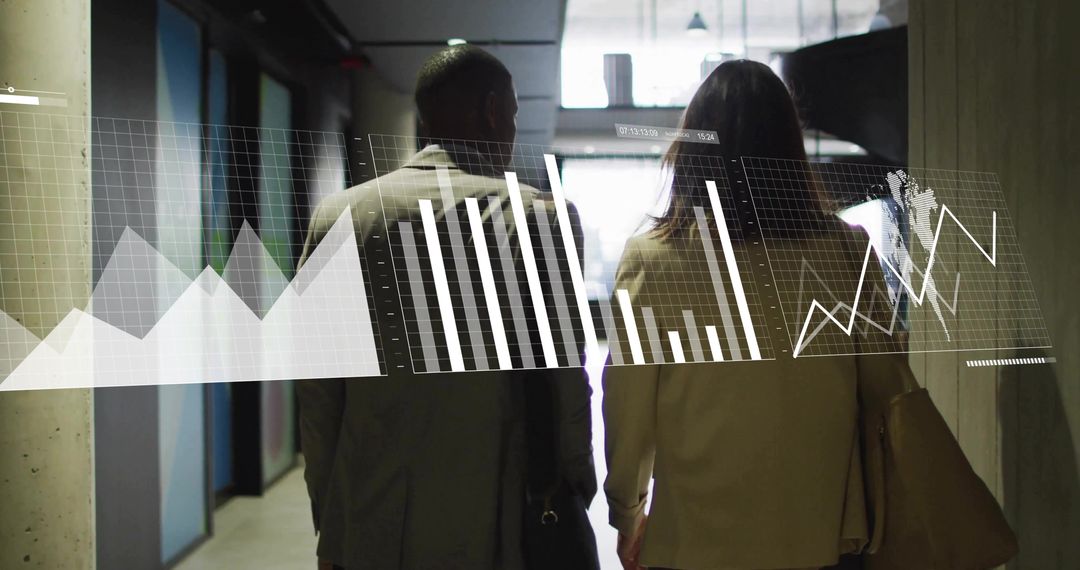Business Team Walking by Futuristic Data Display Indoors