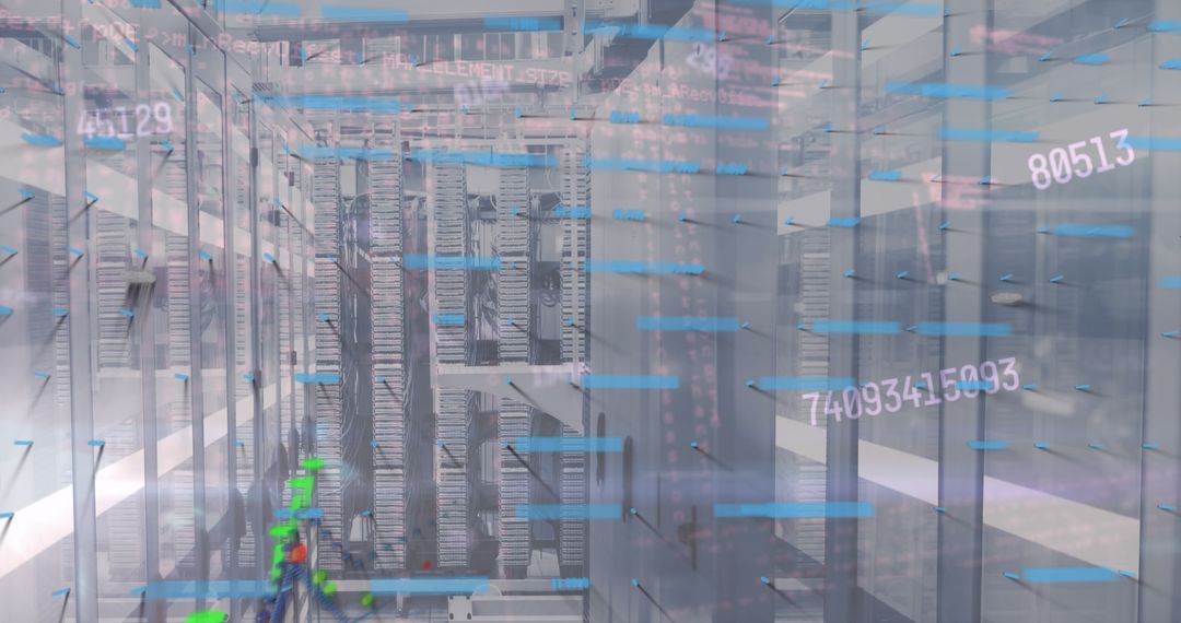 Futuristic Data Center with Digital Overlay of Graphs and Numbers
