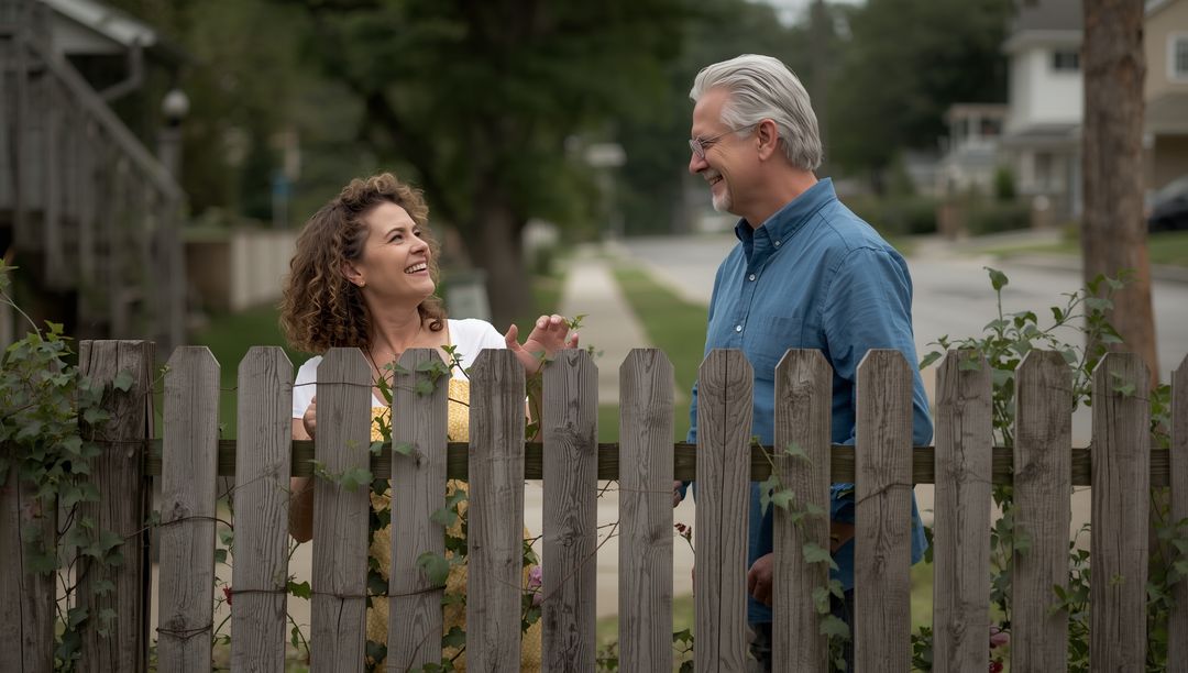 Friendly Neighbors Chatting Over Wooden Fence in Suburban Area