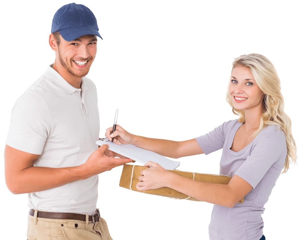 Transparent Happy Delivery Interaction with Smiling Customer