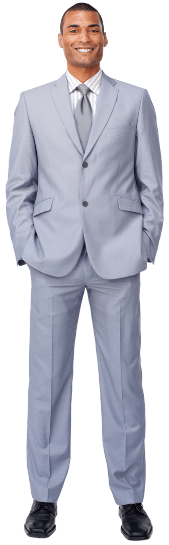 Transparent Confident Businessman Smiling in Grey Suit