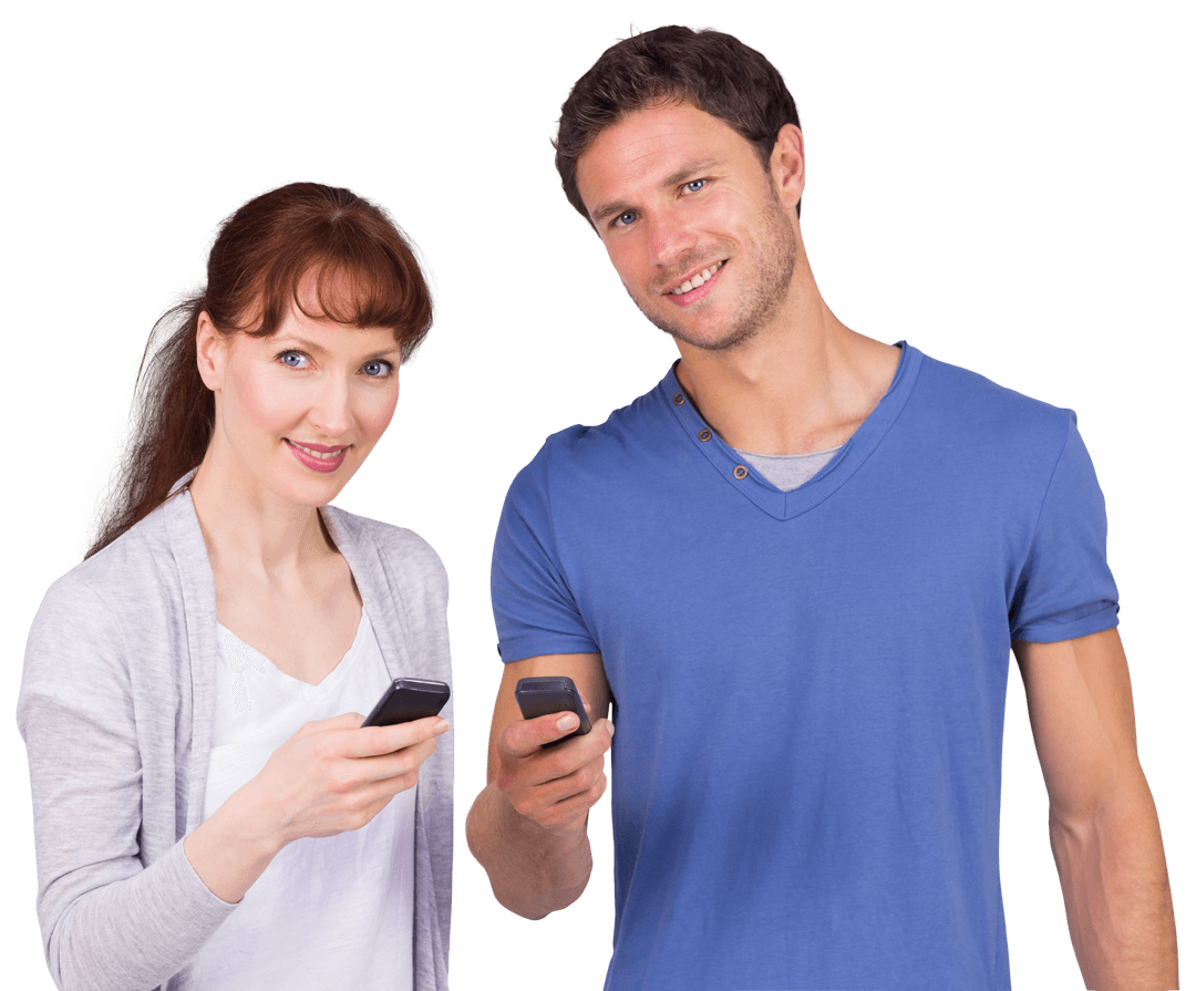 Smiling Caucasian Couple Texting on Transparent Background