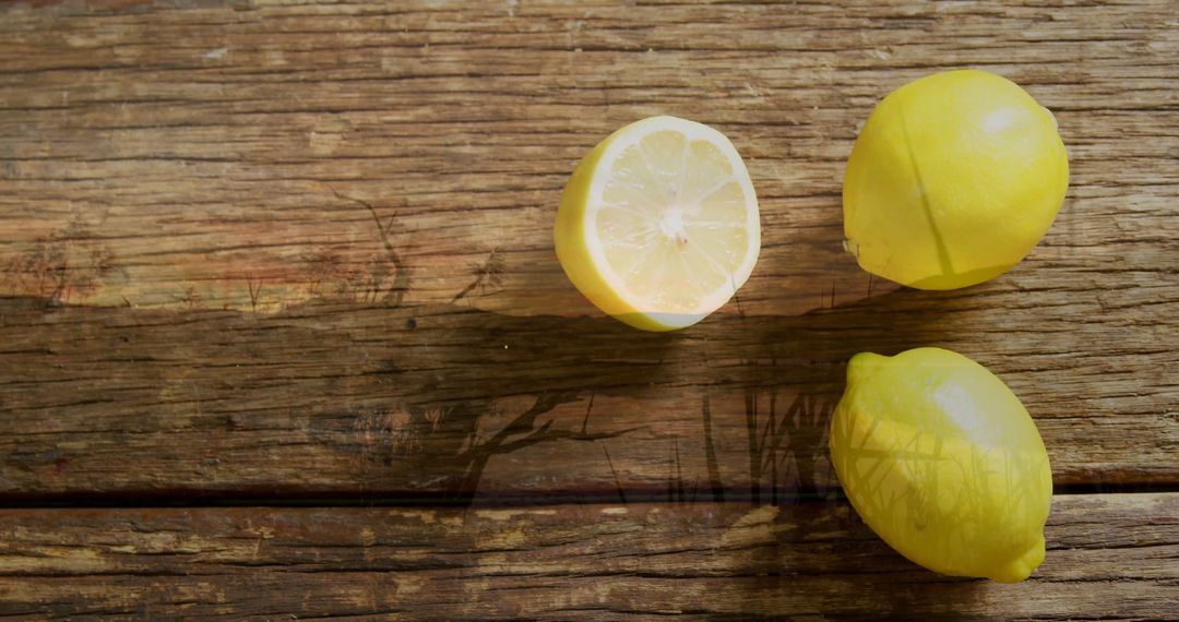 Fresh Yellow Lemons on Rustic Wooden Surface with Shadows