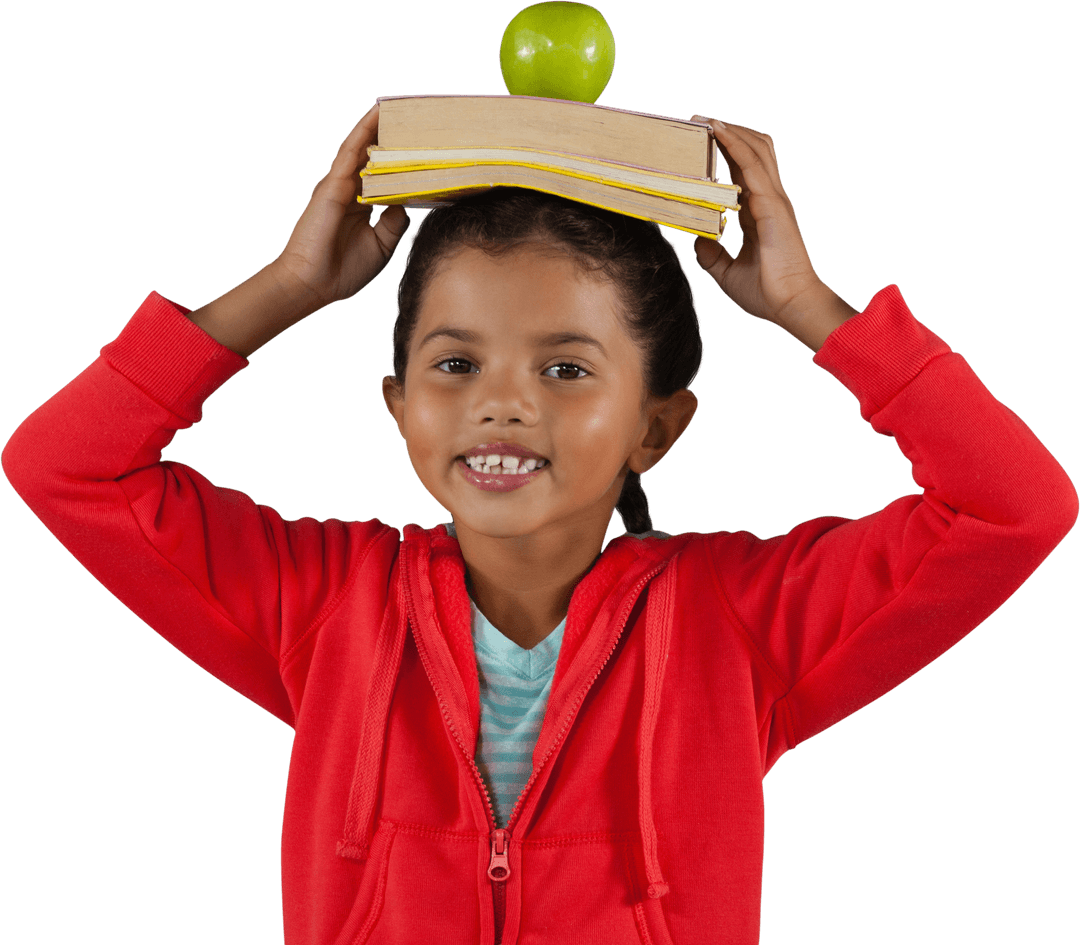 Smiling Girl Balancing Books and Green Apple on Head Transparent