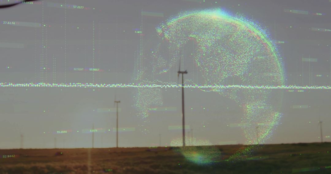 Projecting Holographic Digital Globe Over Wind Farm Grassland with Glitch Dataviz