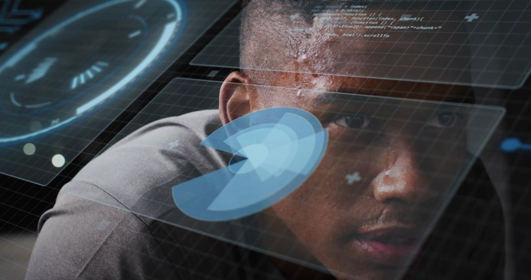 Male Technician Monitoring Holographic Interface with Radar Overlay in Futuristic Hub