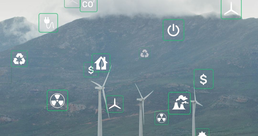Renewable Energy Icons with Wind Turbines on Mountain Landscape