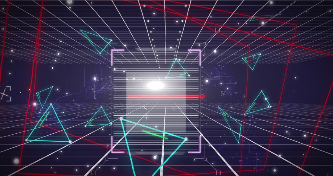 Futuristic QR Code Scanner with Network Grid and Digital Elements