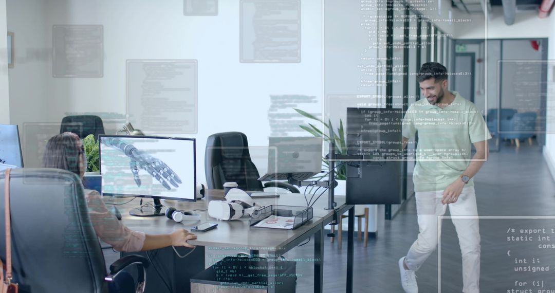 Colleagues Discussing Futuristic Robotics Project in Modern Office
