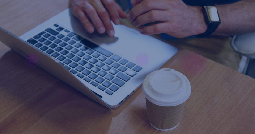 Caucasian Man Working on Laptop with Coffee, Digital Interface, Digital Technology IoT