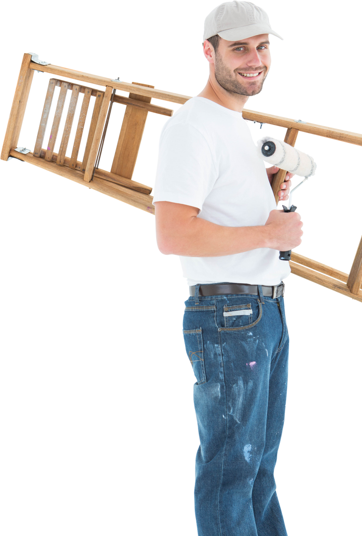 Confident Painter Holding Roller and Transparent Step Ladder - Download Free Stock Images Pikwizard.com