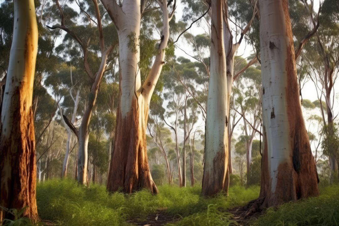 Sunlit Forest with Tall Eucalyptus Trees in Verdant Underbrush - Free Images, Stock Photos and Pictures on Pikwizard.com