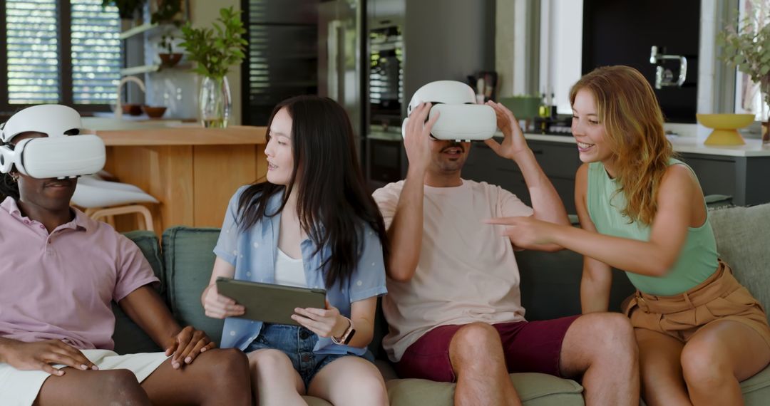 Diverse Friends Using VR Headsets in Modern Living Space