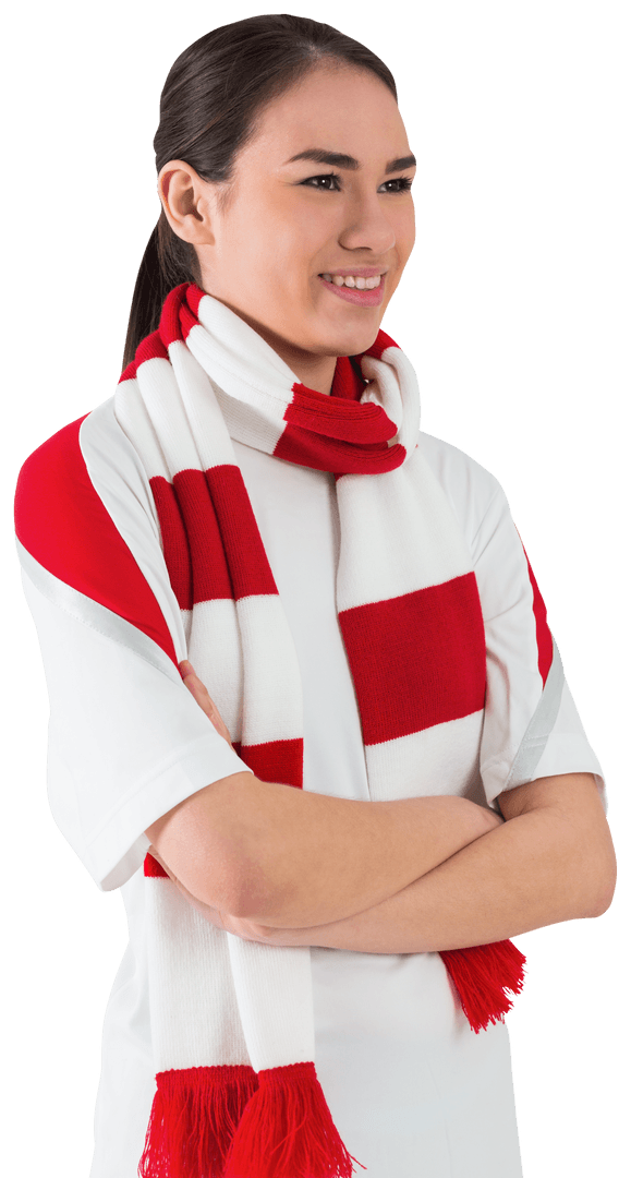 Smiling Football Fan Wearing Red and White Transparent Scarf