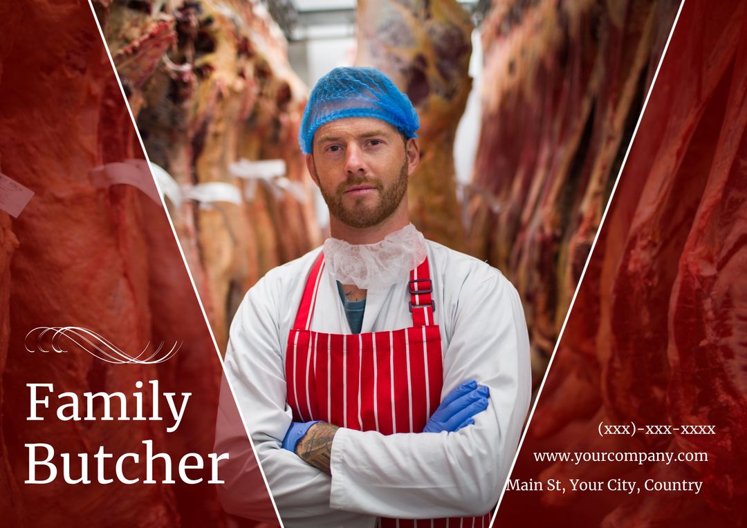 Confident Butcher in Meat Shop, Promoting Local Business and Quality Products - Download Free Stock Templates Pikwizard.com