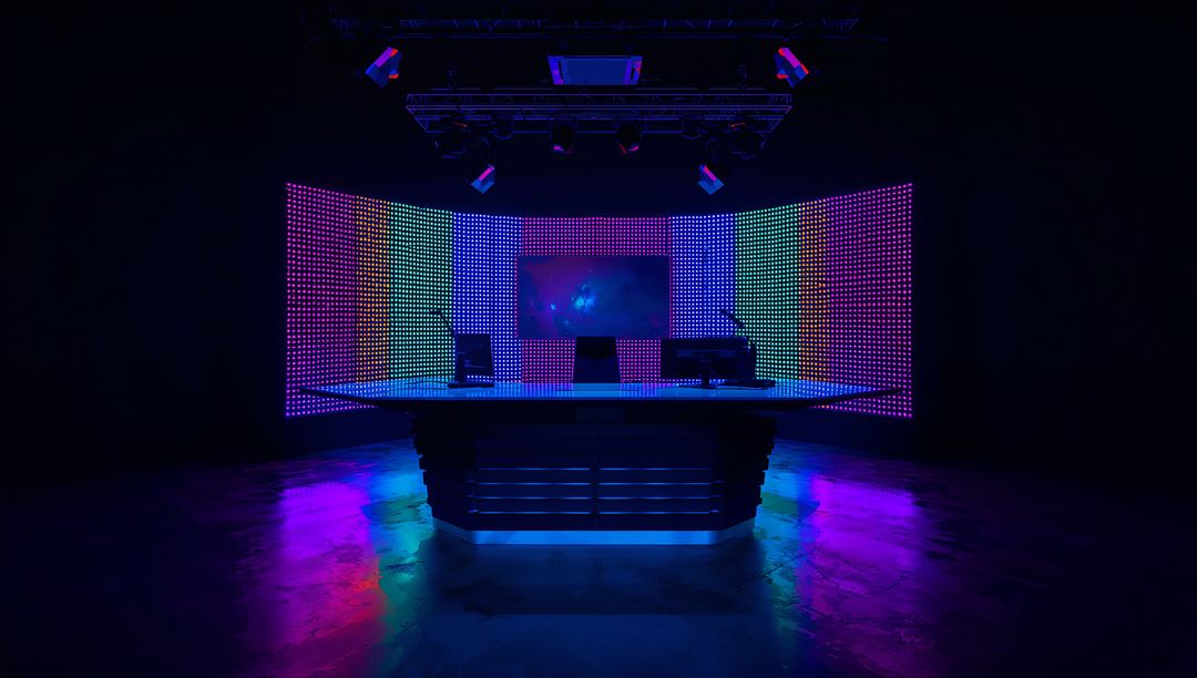 Modern TV Studio with Curved LED Wall and Desk