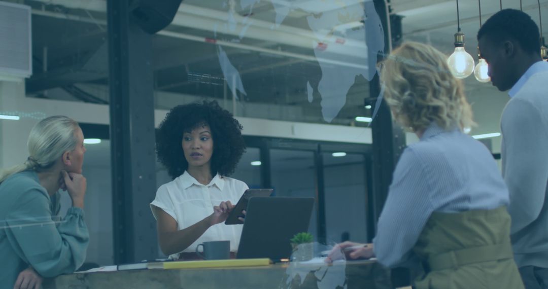 Business Team Collaborating with Global Data Concept Overlay