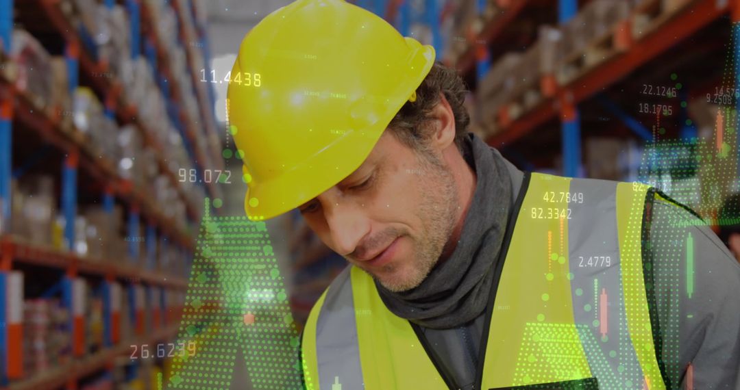 Warehouse Worker Analyzing Digital Analytics Overlay Data