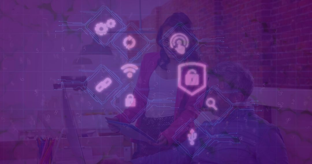 Team Discussing Cybersecurity Strategy with Digital Interface