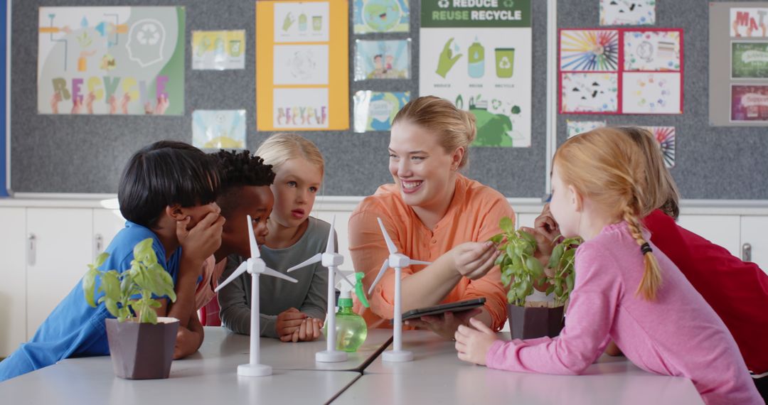 Teacher Guides Students in Eco-Friendly Classroom Activity