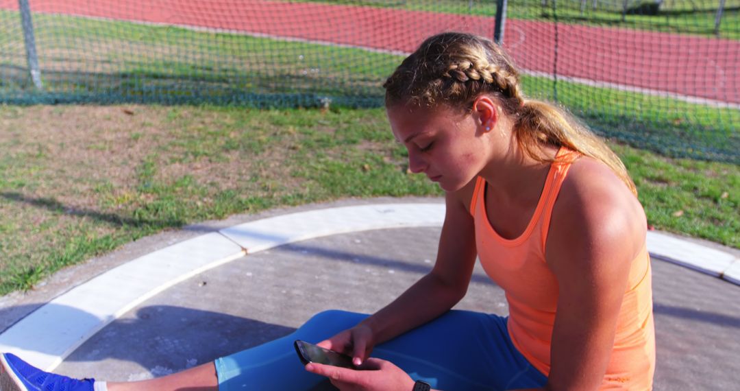 Young Female Athlete Sitting on Track Checking Her Smartphone Outdoors - Free Images, Stock Photos and Pictures on Pikwizard.com