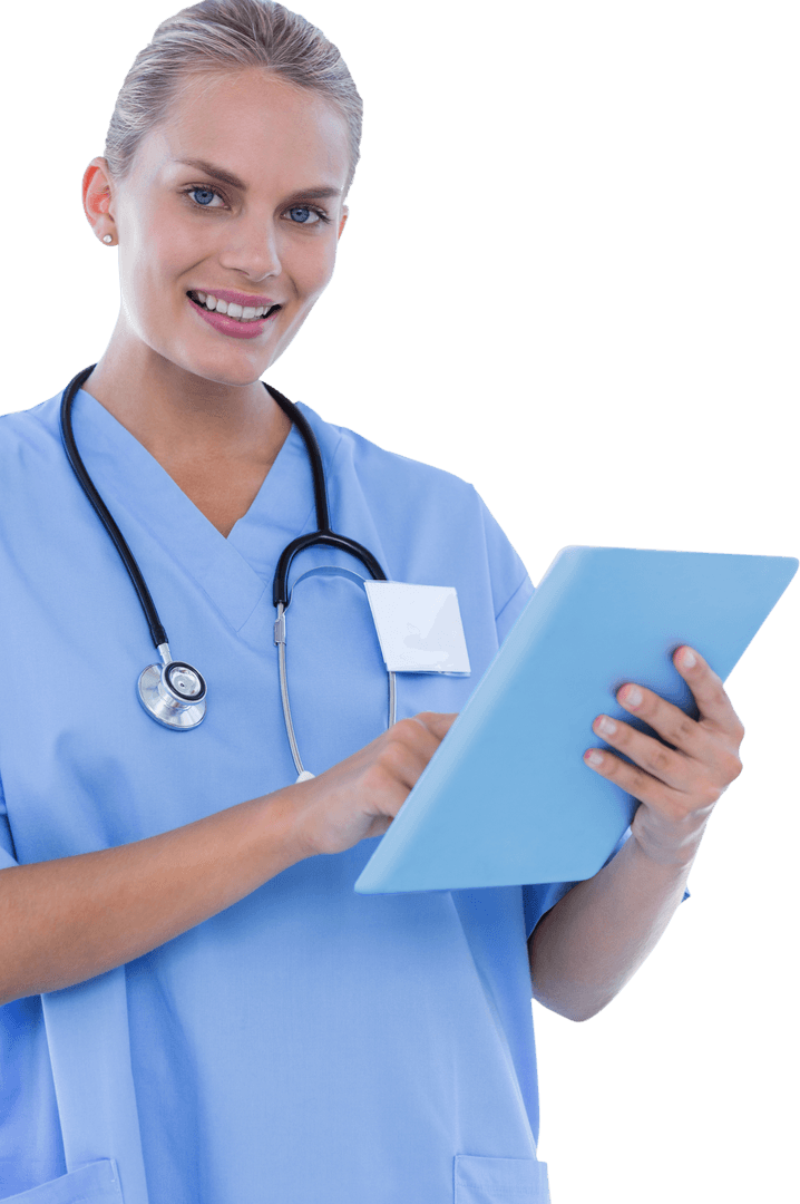 Smiling Female Nurse Using Tablet Transparent Background
