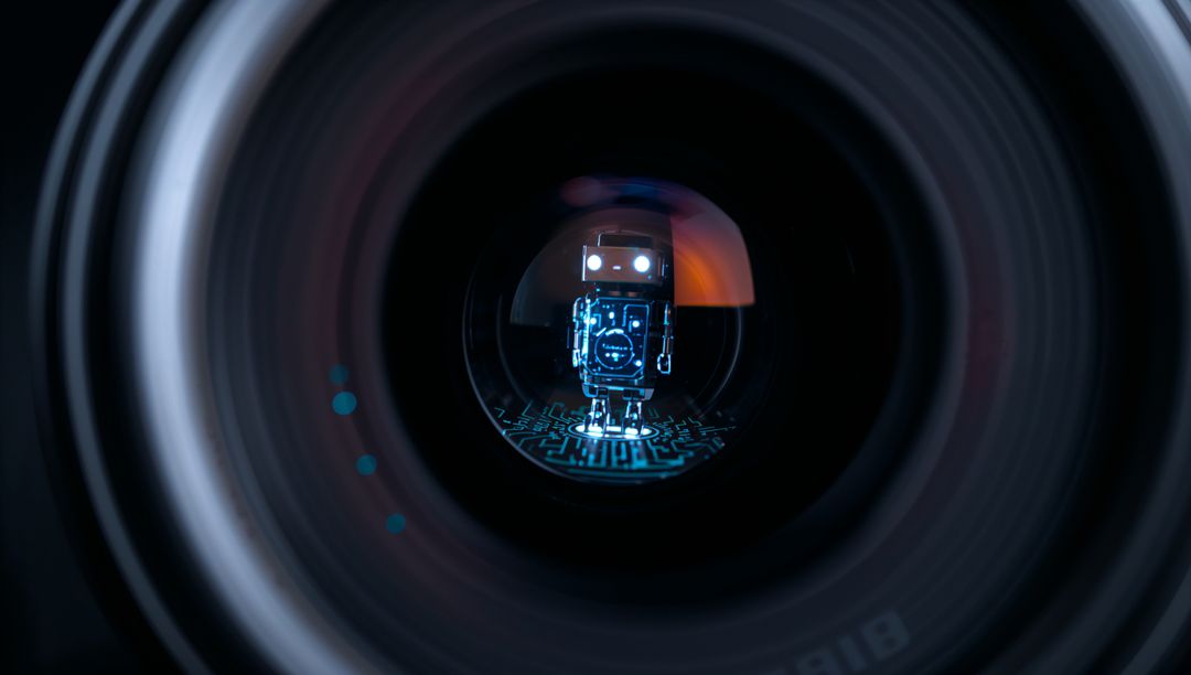 Retro toy robot reflecting on circuit board through camera lens with teal bokeh glow