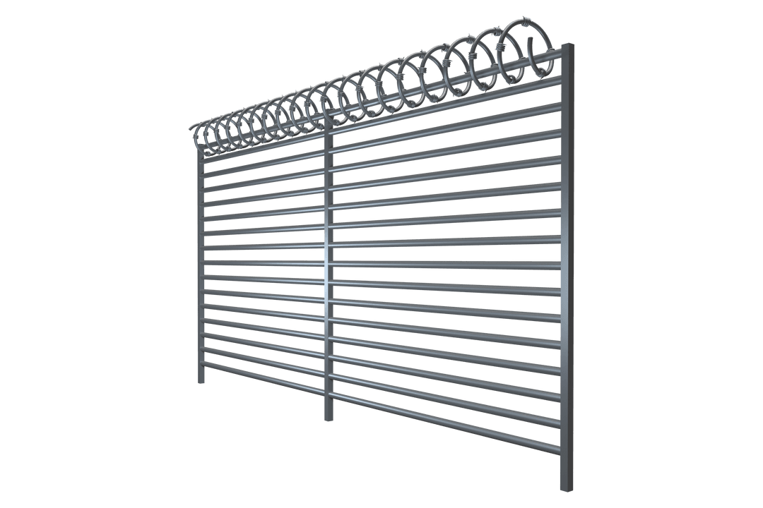 Transparent Security Fence with Barbed Wire Overarching Design