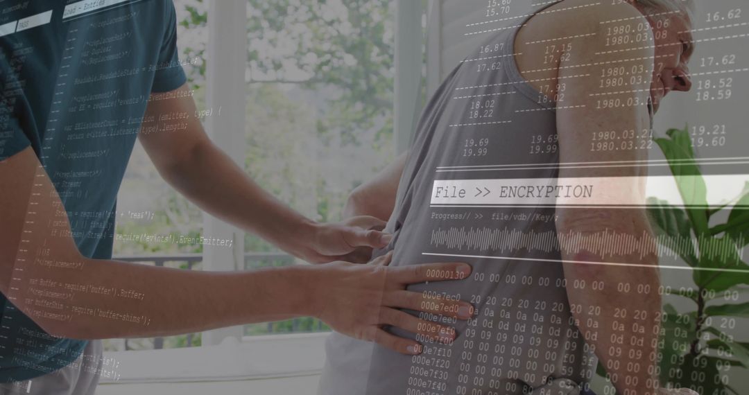 Caregiver Massaging Senior with Digital Technology Overlay