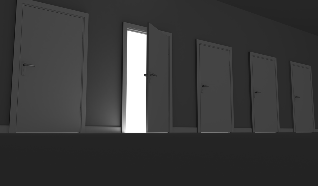 Row of Doors in Dark Interior with a Partially Open One on Transparent Background - Download Free Stock Images Pikwizard.com