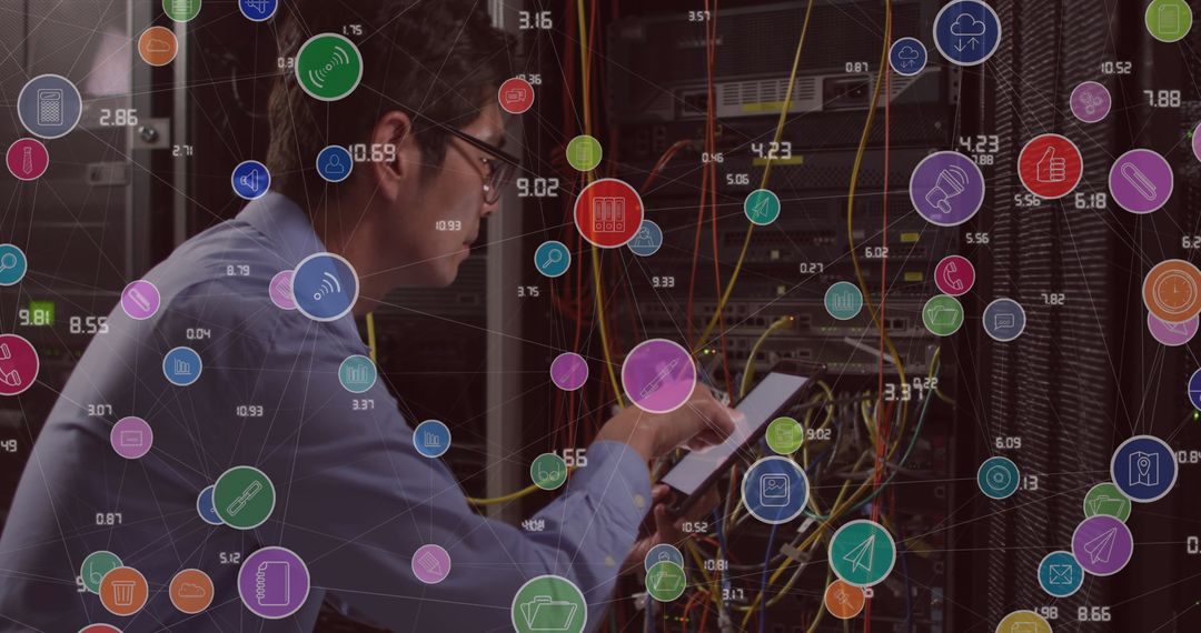 Businessman with Network of Digital Icons in Technology Concept