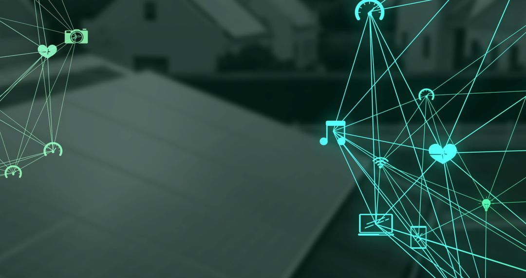 Digital Network Overlay on Residential Area with Icons