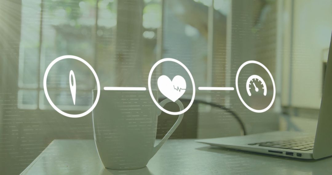 Digital Interface Overlapping Coffee Mug and Laptop in Modern Office