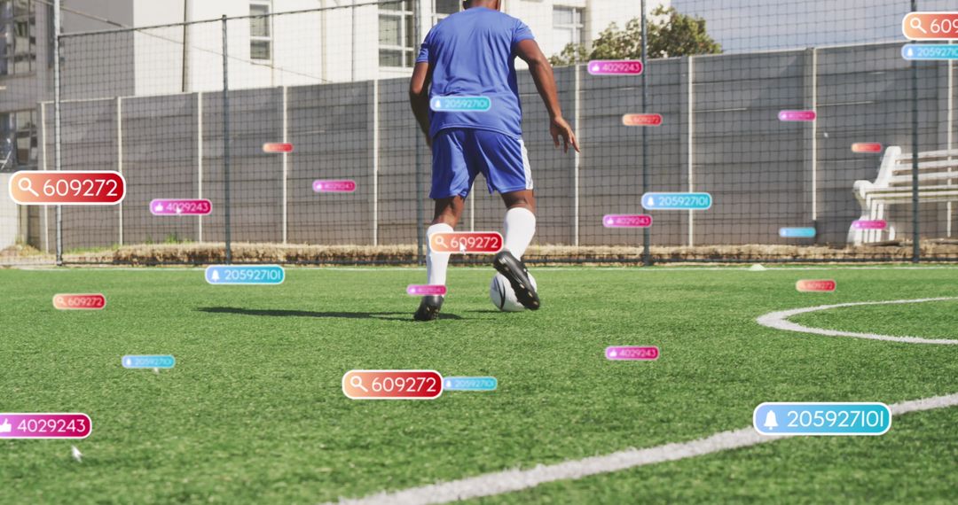African American Soccer Player Practicing with Social Media Icons Intersecting