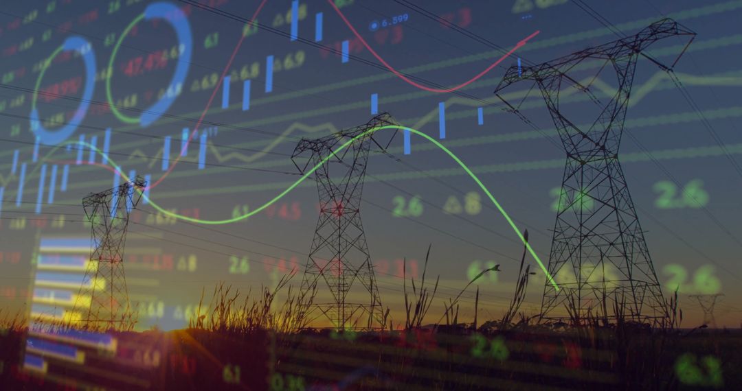 Power Lines with Financial Data Visualization at Dusk