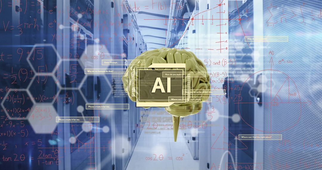 Digital AI Brain Over Computer Servers in Data Center - Free Images, Stock Photos and Pictures on Pikwizard.com