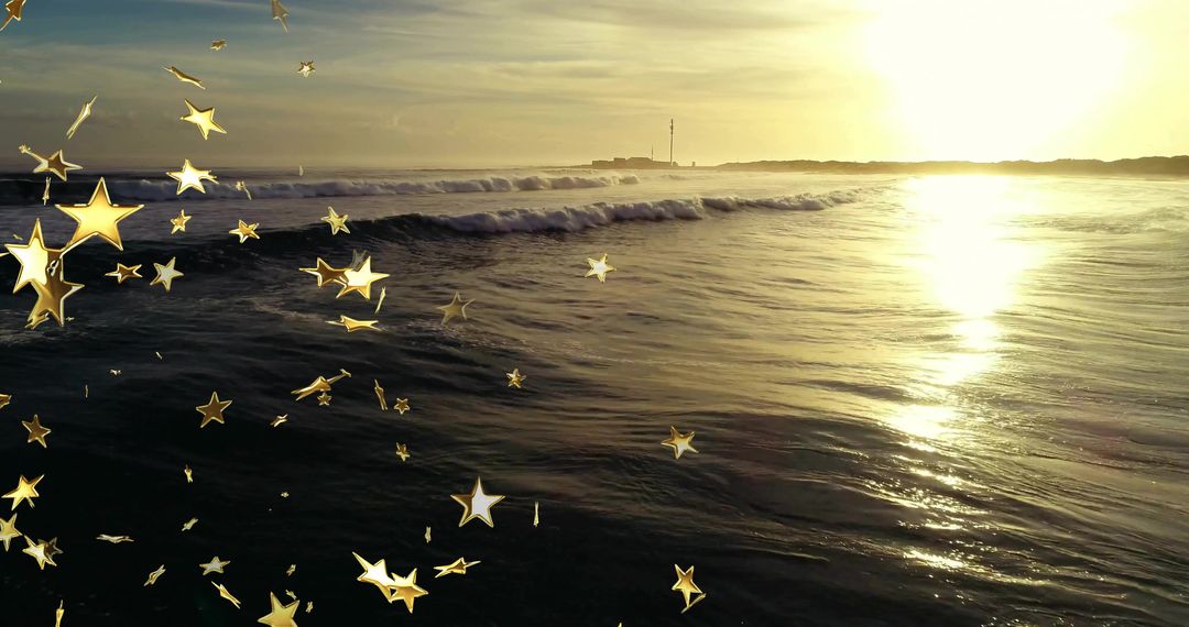 Golden Sunset Over Crashing Waves with Star Overlays