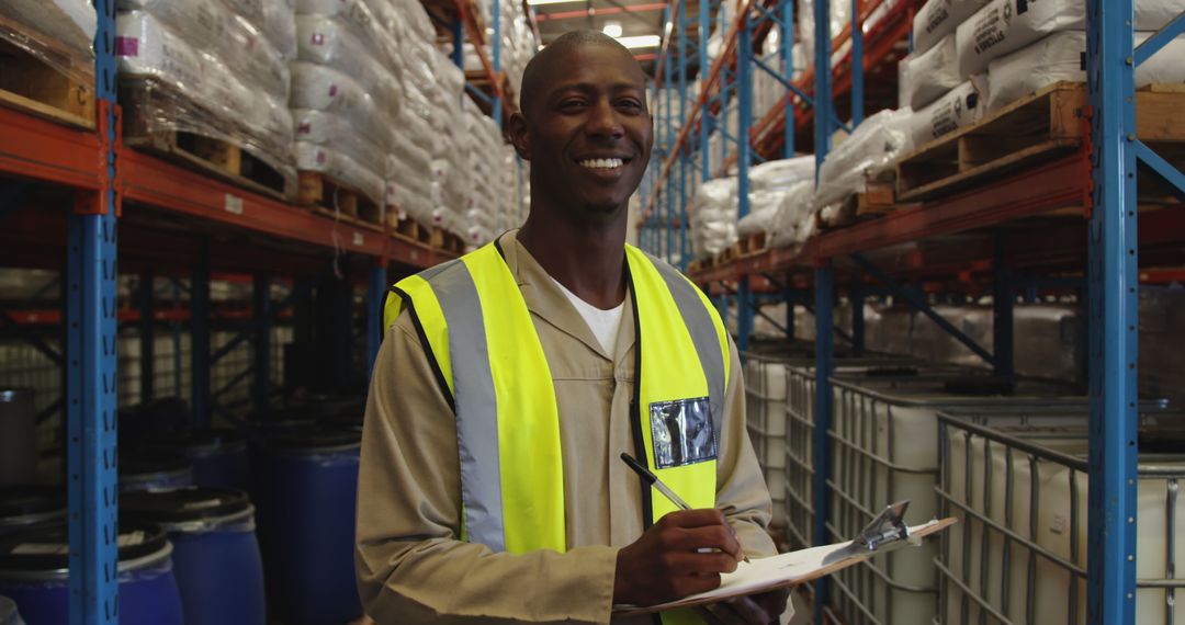 Smiling Warehouse Worker Wearing Safety Vest Holding Clipboard - Free Images, Stock Photos and Pictures on Pikwizard.com