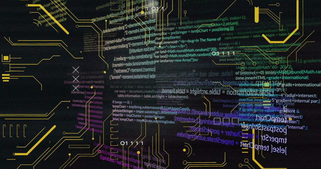 Futuristic Interface Overlaying JavaScript Code and Circuitry