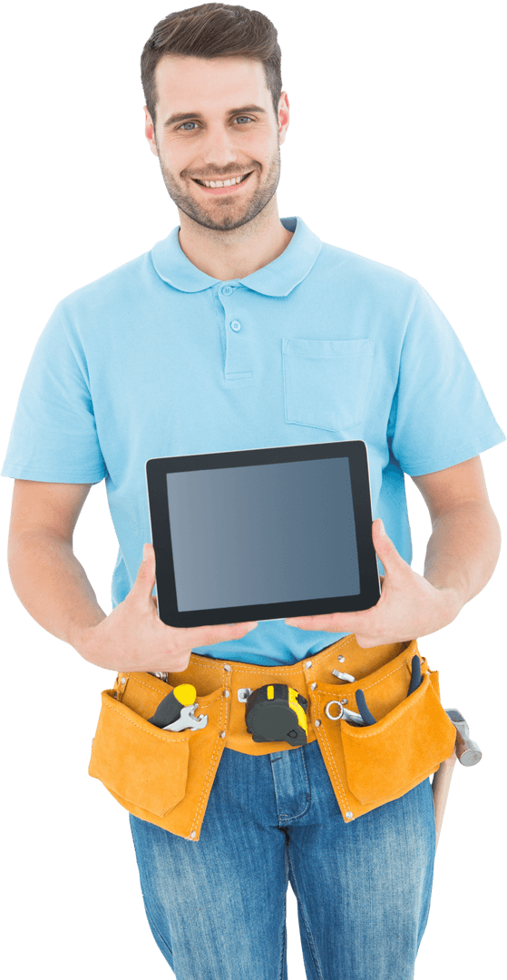 Happy construction worker displaying transparent tablet screen