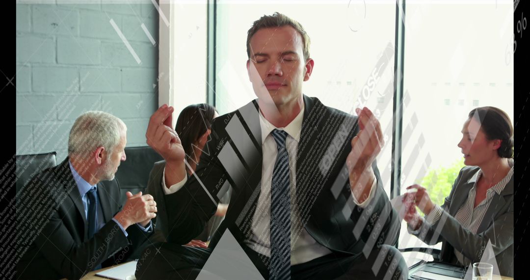 Office Worker Meditating Amidst Busy Coworkers in Meeting - Free Images, Stock Photos and Pictures on Pikwizard.com