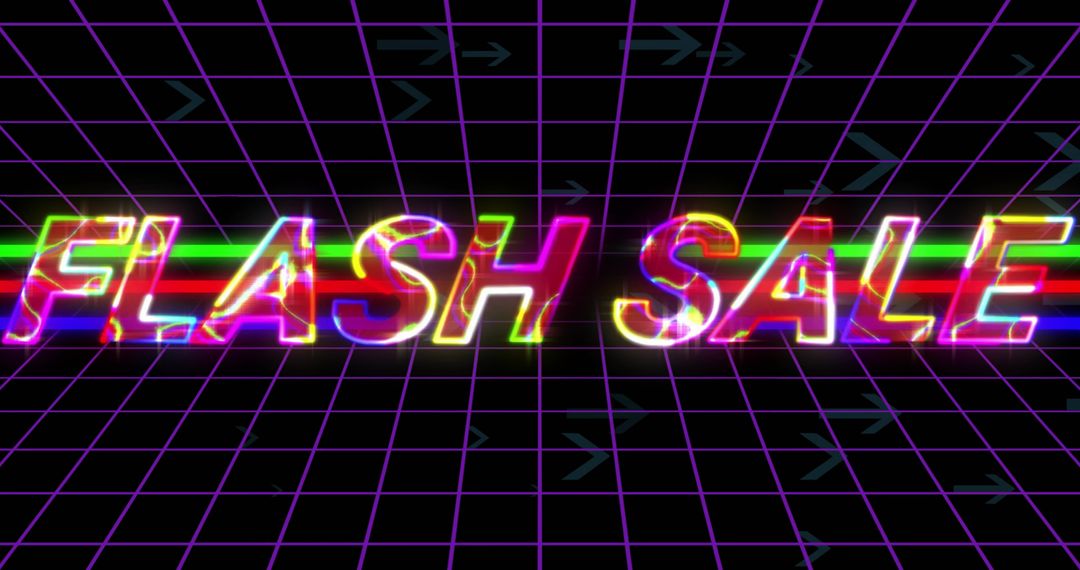 Neon Flash Sale Text on Futuristic Purple Grid Background