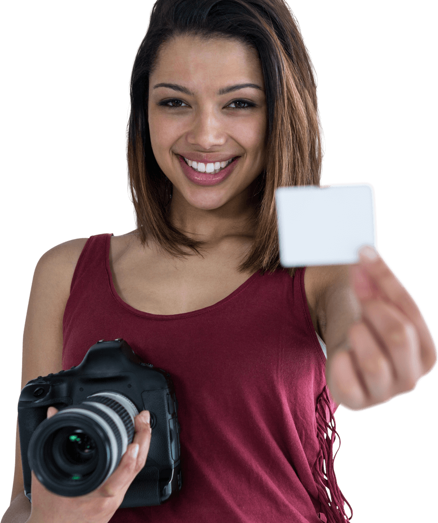 Smiling Photographer Holding Camera and Blank Transparent Card