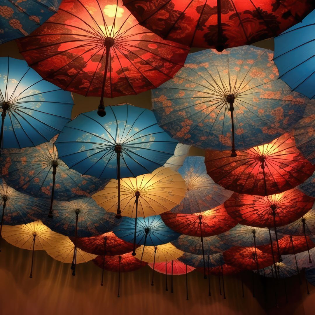 Colourful chinese umbrellas with patterns on dark background, created using generative ai technology - Free Images, Stock Photos and Pictures on Pikwizard.com