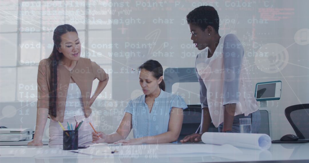 Diverse Businesswomen Collaborating with Financial Overlay