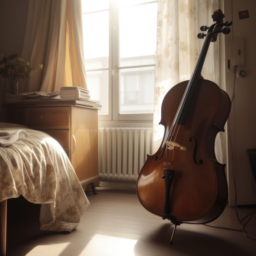 Brown cello displayed next to window in sunny room, created using generative ai technology - Free Images, Stock Photos and Pictures on Pikwizard.com