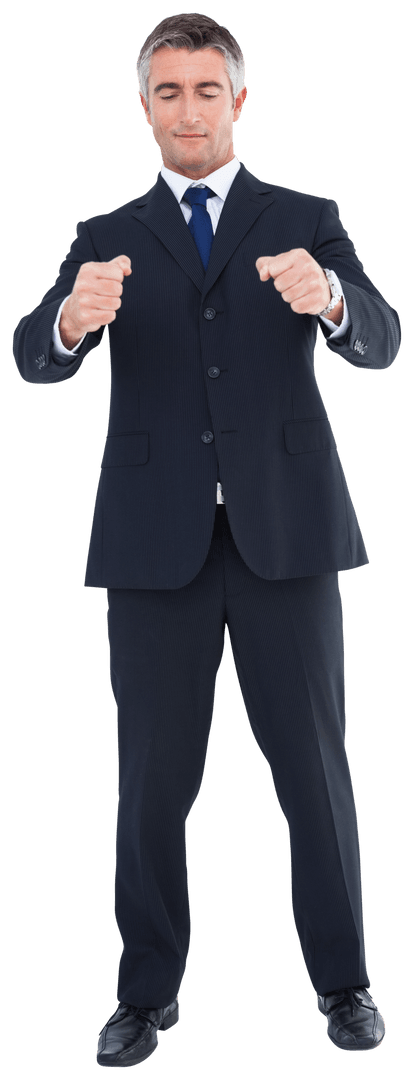Confident Businessman with Eyes Closed Presenting Open Palms Transparent
