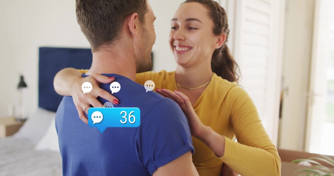 Couple Embracing in Bedroom with Social Media Notifications