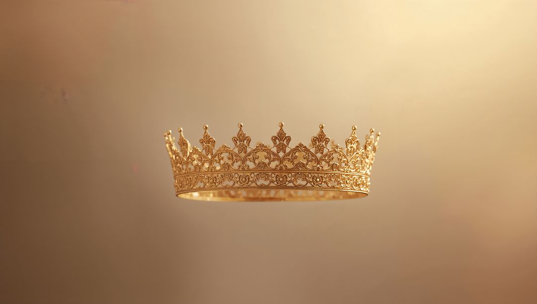 Floating ornate gold crown hovering over warm golden backdrop with intricate filigree